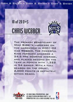 2002-03 Fleer Box Score - Dish and Swish #10 D&S Chris Webber Back