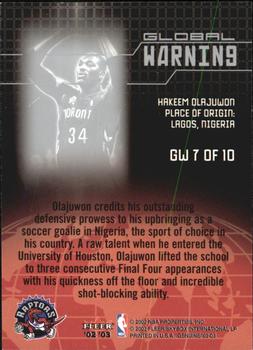 2002-03 Fleer Genuine - Global Warning #GW 7 Hakeem Olajuwon Back