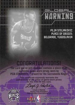 2002-03 Fleer Genuine - Global Warning Jersey #NNO Peja Stojakovic Back