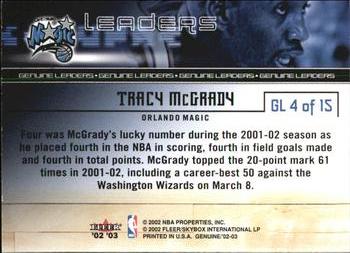 2002-03 Fleer Genuine - Leaders #GL 4 Tracy McGrady Back