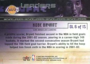 2002-03 Fleer Genuine - Leaders #GL 6 Kobe Bryant Back