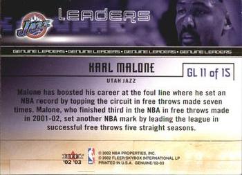 2002-03 Fleer Genuine - Leaders #GL 11 Karl Malone Back