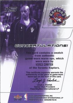 2002-03 Fleer Genuine - Names of the Game Jerseys #NNO Vince Carter Back