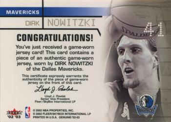 2002-03 Fleer Genuine - Prime Time Players Jerseys #NNO Dirk Nowitzki Back
