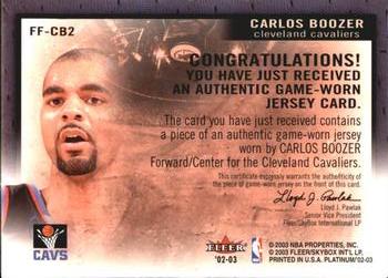 2002-03 Fleer Platinum - Freshman Fabric #FF-CB2 Carlos Boozer Back