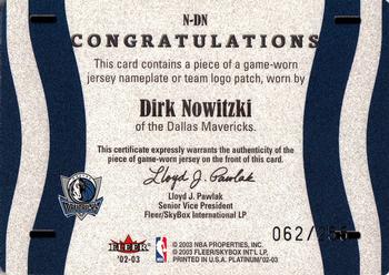 2002-03 Fleer Platinum - Nameplates #N-DN Dirk Nowitzki Back