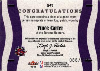 2002-03 Fleer Platinum - Nameplates #N-VC Vince Carter Back