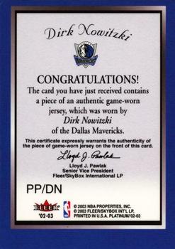 2002-03 Fleer Platinum - Platinum Portraits Game Worn Jerseys #PP/DN Dirk Nowitzki Back