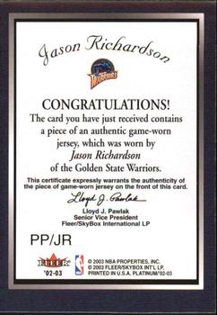2002-03 Fleer Platinum - Platinum Portraits Game Worn Jerseys #PP/JR Jason Richardson Back