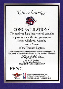 2002-03 Fleer Platinum - Platinum Portraits Game Worn Jerseys #PP/VC Vince Carter Back
