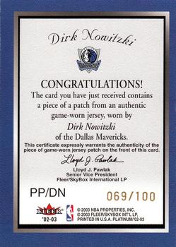 2002-03 Fleer Platinum - Platinum Portraits Game Worn Patch #PP/DN Dirk Nowitzki Back