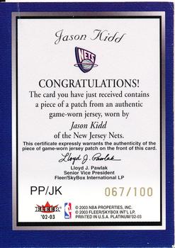 2002-03 Fleer Platinum - Platinum Portraits Game Worn Patch #PP/JK Jason Kidd Back