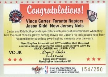 2002-03 Fleer Platinum - Vince Carter's All-Stars Game Used #VC-JK Vince Carter / Jason Kidd Back
