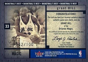 2002-03 Fleer Showcase - Basketball's Best Memorabilia Gold #NNO Grant Hill Back