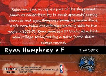2002-03 Fleer Tradition - Playground Rules #3PR Ryan Humphrey Back
