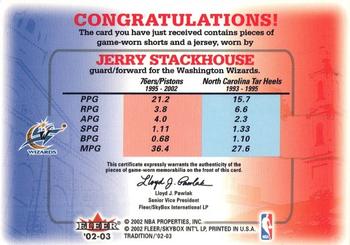 2002-03 Fleer Tradition - Road to the NBA Game-Used #NNO Jerry Stackhouse Back
