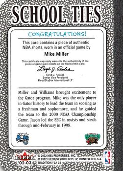 2002-03 Fleer Tradition - School Ties Game-Used Singles #NNO Mike Miller / Jason Williams Back