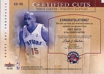 2002-03 Hoops Hot Prospects - Certified Cuts #CC-VC Vince Carter Back