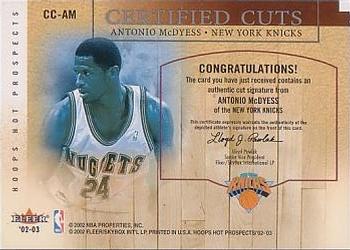 2002-03 Hoops Hot Prospects - Certified Cuts #CC-AM Antonio McDyess Back