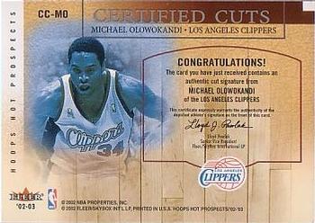 2002-03 Hoops Hot Prospects - Certified Cuts #CC-MO Michael Olowokandi Back