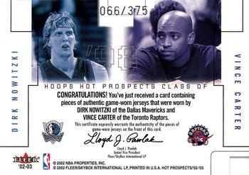 2002-03 Hoops Hot Prospects - Class Of Jerseys #NNO Dirk Nowitzki / Vince Carter Back