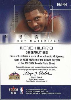 2002-03 Hoops Hot Prospects - Hot Materials #HM-NH Nene Hilario Back