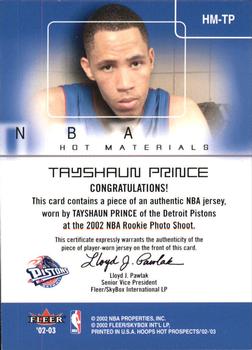 2002-03 Hoops Hot Prospects - Hot Materials #HM-TP Tayshaun Prince Back