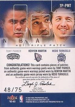 2002-03 Hoops Hot Prospects - Hot Triple Patch #TP-PMT Tony Parker / Kenyon Martin / Hedo Turkoglu Back