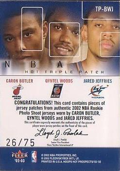 2002-03 Hoops Hot Prospects - Hot Triple Patch #TP-BWJ Caron Butler / Qyntel Woods / Jared Jeffries Back