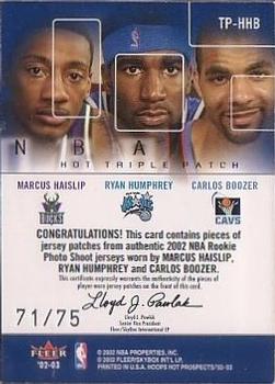 2002-03 Hoops Hot Prospects - Hot Triple Patch #TP-HHB Marcus Haislip / Ryan Humphrey / Carlos Boozer Back