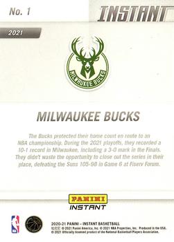 2020-21 Panini Instant NBA Milwaukee Bucks Champions Limited Edition #1 Milwaukee Bucks Logo Back