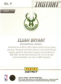 2020-21 Panini Instant NBA Milwaukee Bucks Champions Limited Edition #4 Elijah Bryant Back