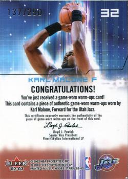 2002-03 Hoops Stars - Raising Up Game-Used #NNO Karl Malone Back