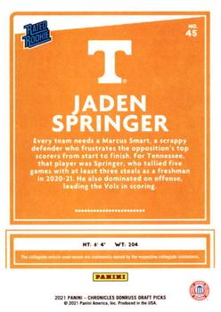 2021 Panini Chronicles Draft Picks #45 Jaden Springer Back