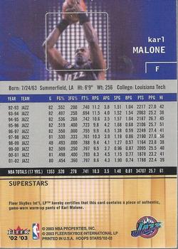 2002-03 Hoops Stars - Superstars Game-Used #NNO Karl Malone Back