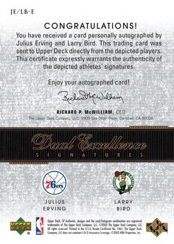 2002-03 SP Authentic - Dual Excellence Signatures #JE/LB-E Julius Erving / Larry Bird Back