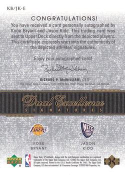 2002-03 SP Authentic - Dual Excellence Signatures #KB/JK-E Kobe Bryant / Jason Kidd Back