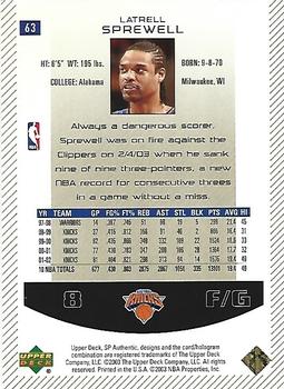 2002-03 SP Authentic - Limited #63 Latrell Sprewell Back