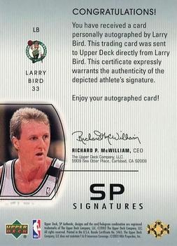 2002-03 SP Authentic - SP Signatures #LB Larry Bird Back