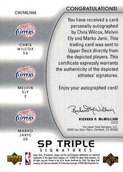 2002-03 SP Authentic - SP Triple Signatures #CW/ME/MA Chris Wilcox / Melvin Ely / Marko Jaric Back