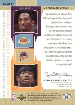 2002-03 SP Game Used - Autographed Authentic Patches Dual #KB/JR-AP Kobe Bryant / Jason Richardson Back