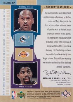 2002-03 SP Game Used - Autographed Authentic Patches Dual #MJ/MG-AP Michael Jordan / Magic Johnson Back