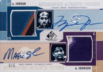 2002-03 SP Game Used - Autographed Authentic Patches Dual #MJ/MG-AP Michael Jordan / Magic Johnson Front