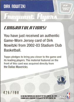 2002-03 Stadium Club - Frequent Flyers Relics #FF-DN Dirk Nowitzki Back