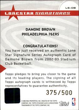 2002-03 Stadium Club - Lone Star Signatures #LS-DB Damone Brown Back