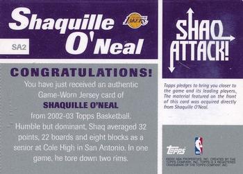 2002-03 Topps - Shaq Attack Relics #SA2 Shaquille O'Neal Back