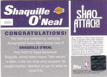 2002-03 Topps - Shaq Attack Relics Autographs #SAA1 Shaquille O'Neal Back