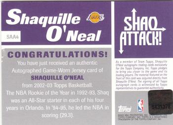 2002-03 Topps - Shaq Attack Relics Autographs #SAA4 Shaquille O'Neal Back