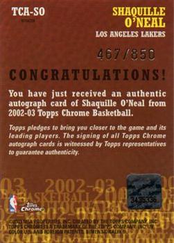 2002-03 Topps Chrome - Autographs #TCA-SO Shaquille O'Neal Back