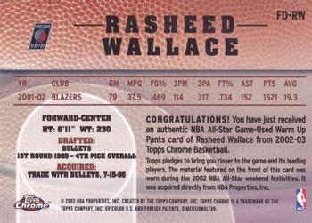 2002-03 Topps Chrome - Final Destination Relics #FD-RW Rasheed Wallace Back